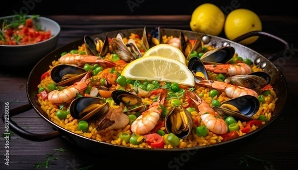 Fototapeta Seafood paella with bell peppers and peas with lemon slices , Seafood paella with shrimps, mussels, squids and tomatoes