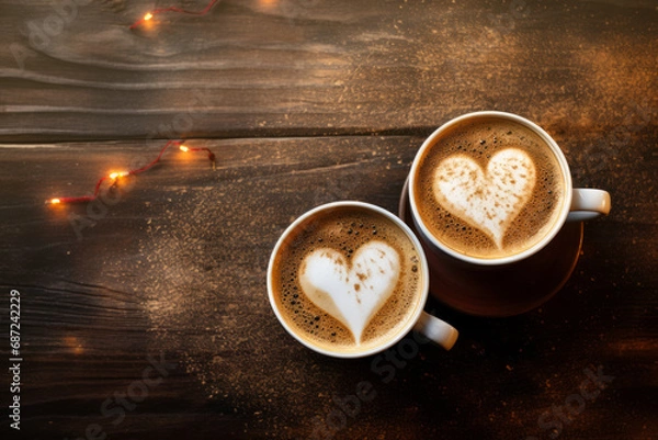 Fototapeta Tazas de café con corazones en la espuma.