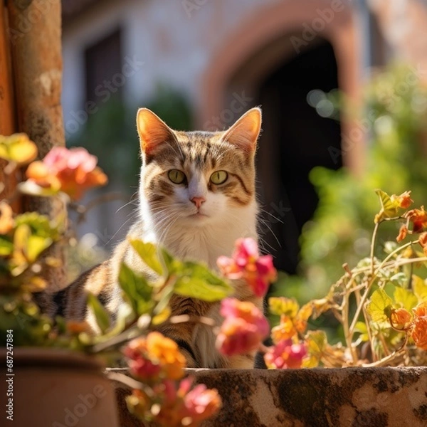 Fototapeta A cat enjoying the sunshine of a flower lined Tuscany rooftop.