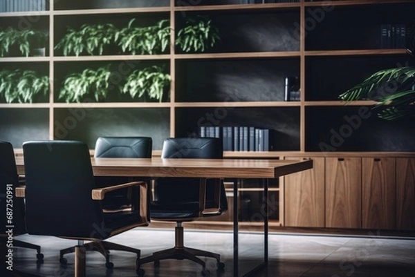 Fototapeta A conference room with a wooden table and black chairs. Suitable for business meetings and presentations