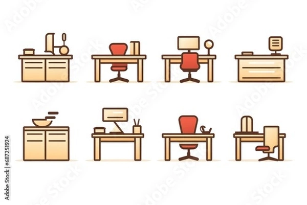 Fototapeta A set of office desks and chairs, perfect for creating a productive work environment. Suitable for office spaces, co-working spaces, and home offices
