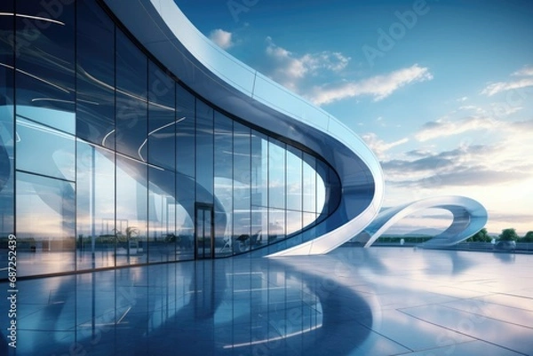 Fototapeta A modern building featuring a curved glass facade. This image can be used to showcase contemporary architecture and design