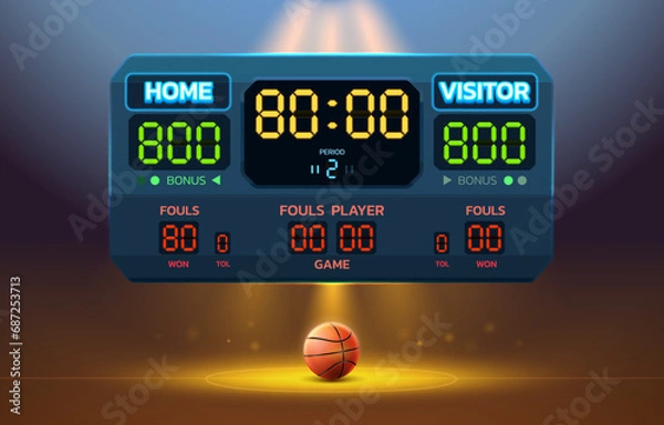 Fototapeta basketball scoreboard stadium spotlight and scoreboard background with glitter light vector illustration. You can change number of score easily.