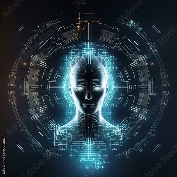 Obraz AI Artificial Intelligence Robot Head in a digital data structure