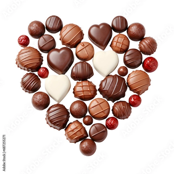 Obraz Heart-shaped design made of chocolate candies on a white background, ideal for sweet themes