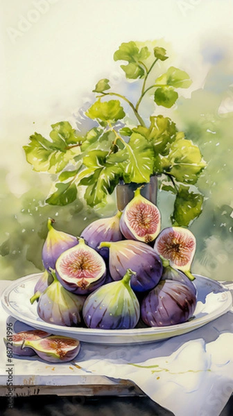 Obraz Feigen-Faszination ein impressionistisches Aquarell, das die sinnliche Schönheit und die vielschichtigen Farben reifer Feigen auf einem antiken Teller in einer pastellfarbenen Gartenidyll