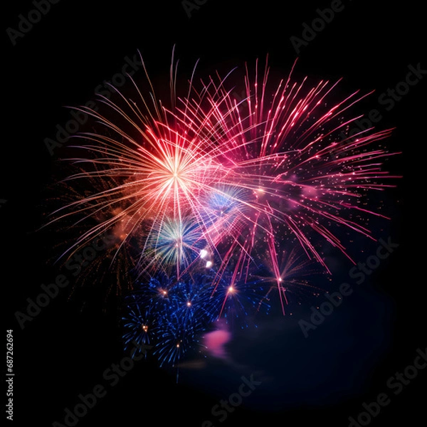 Obraz Fireworks on black background, Fireworks light up the sky, festive fireworks explode on black background, ai generated image