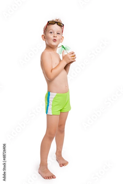 Obraz Adorable happy boy with juice on a white background