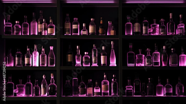 Fototapeta Rows of bottles sitting on shelf in a bar, purple light