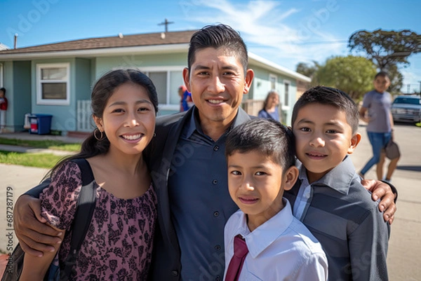 Obraz Happy Mexican, Latino, Indian family in front of their house, home, real estate. Homeowners, renters, mom, dad, kids, children, blended families, diverse families, standing in front of their property