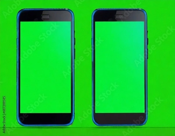 Obraz 2台のスマートフォン。モックアップ。比較。AI生成画像。