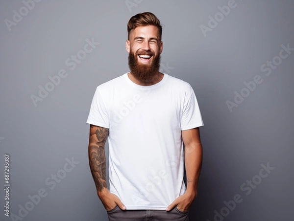 Obraz a young male hipster with a beard and tattoos wearing a blank T shirt for use as mockup with blank background