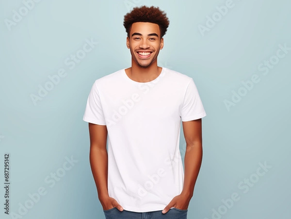 Fototapeta a young male model wearing a blank T shirt for use as mockup with blank background