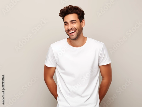 Obraz a young male model wearing a blank T shirt for use as mockup with blank beige background