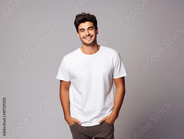 Fototapeta a young male model wearing a blank T shirt for use as mockup with blank background