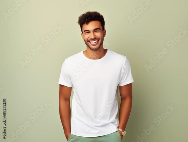 Fototapeta a young male model wearing a blank T shirt for use as mockup with blank background