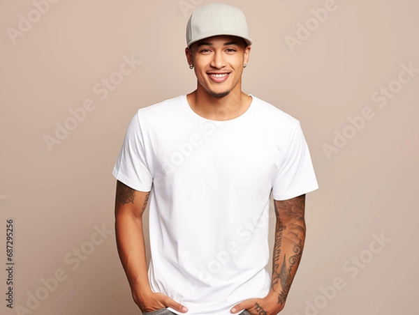 Fototapeta a young male model wearing a blank T shirt for use as mockup with blank background