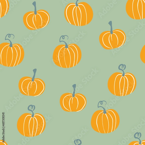 Fototapeta Seamless pattern with halloween pumpkins on color background. Scary and funny faces. Cute Pumpkin or ghost. Vector autumn holidays illustration
