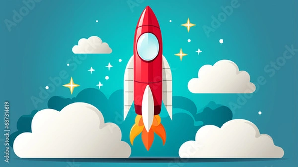 Fototapeta illustration of a rocket flying into the clouds