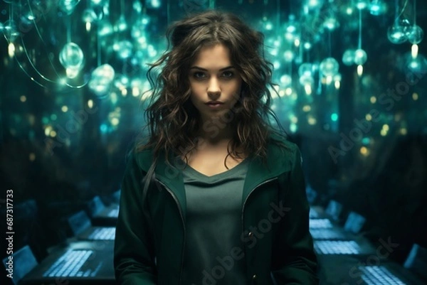 Fototapeta portrait of a woman in futuristic place at night, with virtual reality holograms, digital future, cyberspace visualization, street lights, illumination