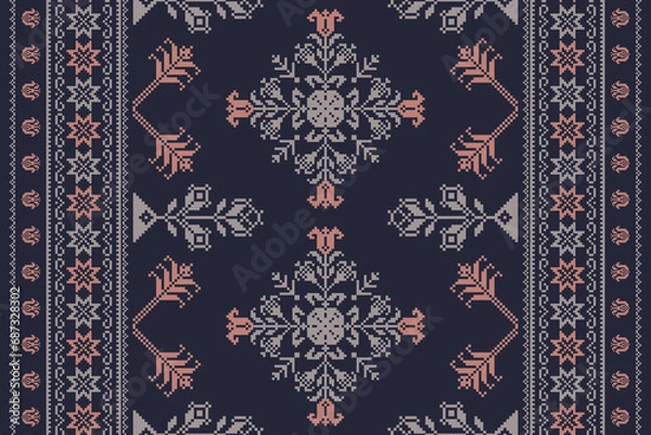 Obraz Abstract ethnic pixel border pattern flower. Aztec fabric boho mandalas India sari border design textile wallpaper. Tribal native motif African American saree borders Saree embroidery vector 