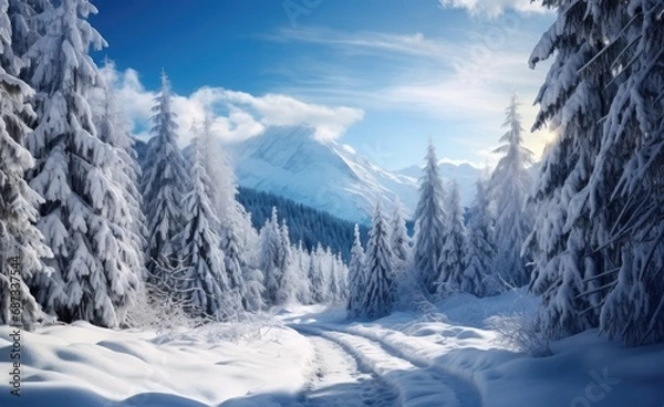 Fototapeta Pathway meanders through a serene snow-laden forest, with sunlight filtering through the frosted canopy above