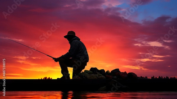 Fototapeta silhouette of a fisherman with a fishing rod against the background of a crimson sunset sky generative ai