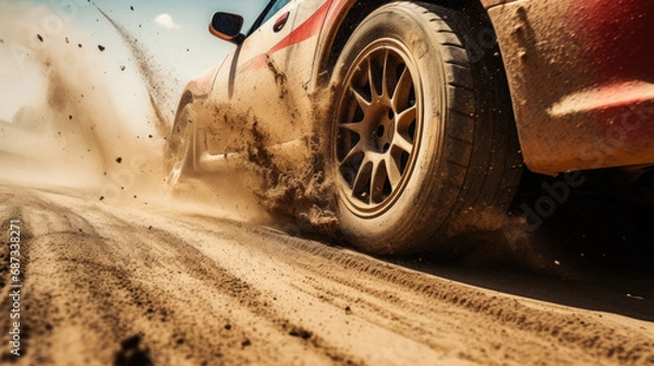 Fototapeta rally competition, dust from under the wheels of a sports car generative ai