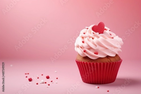 Fototapeta cupcake with a heart-shaped decoration. Web banner with copy space, Generative Ai 