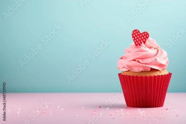Fototapeta cupcake with a heart-shaped decoration. Web banner with copy space, Generative Ai 