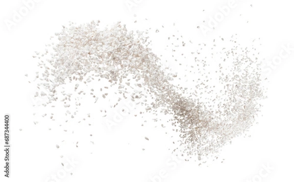 Fototapeta Perlite rock flying explosion, perlite white stone fall down abstract garden decorate. Perlite volcano stone splash throwing in Air. White background Isolated high speed shutter, freeze action