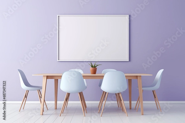 Fototapeta Modern minimalist dining room with lilac wall and mock up poster frame with copy space. Modern design and advertising concept. Generative AI.