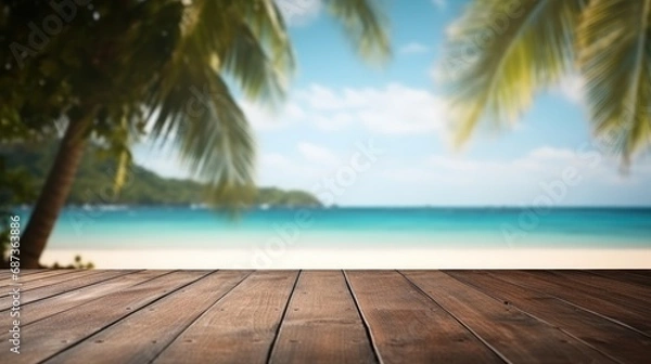 Obraz Dark wood floor top on blur tropical beach background, Advertisement, Print media, Illustration, Banner, for website, copy space, for word, template, presentation.