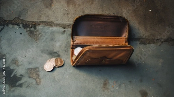 Fototapeta A few coins in the opened brown wallet and outside the wallet