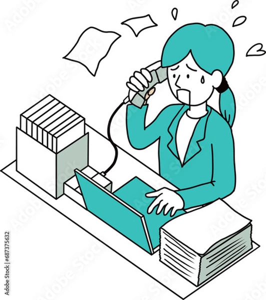 Obraz 大量の紙文書と電話対応に追われる忙しい女性のイラスト