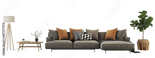 Obraz Modern interior furniture set 3D render. Livingroom house floor template room mockup design , isolated on transparent background