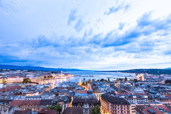 Fototapeta Panoramic night view of the city of Geneva, Lake Geneva