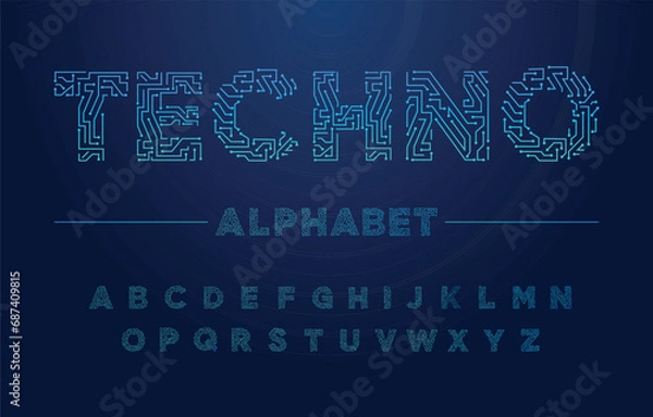Obraz Digital chip circuit font. Tech typography, alphabet letters and numbers stylised as circuit board tracks. PCB technology and computer engineering lettering vector set. Microchip or motherboard style