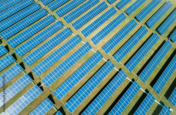 Obraz Aerial view of Solar Panels Farm Solar Cell Station. Production of clean energy. Renewable green alternative energy concept.