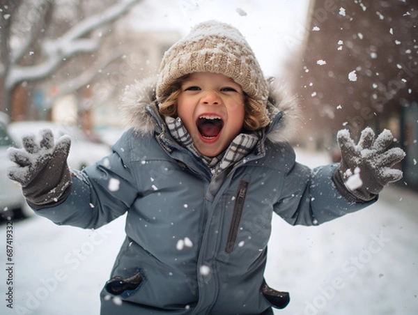 Fototapeta child screaming in joy while playing in snow with snow flakes filling the air
