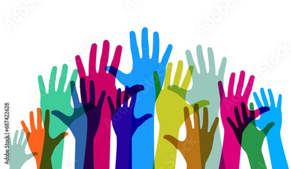 Obraz Outstretched, growing hands. The multicultural concept of the community team. Vector illustration.
