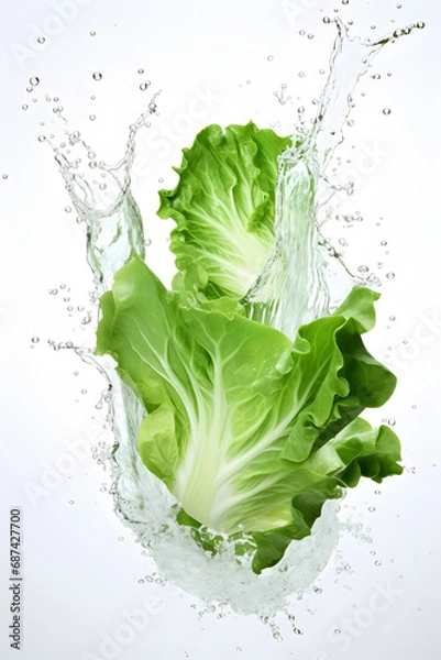 Fototapeta splash of water, juice and flying cabbage in the air on white background.