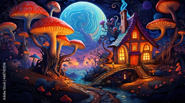 Fototapeta The Haunted House in the Mushroom Forest. Generative Ai