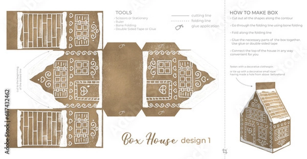 Fototapeta Christmas Gingerbread Village Paper House template. Vintage Printable file for print. Print and glue house scheme.