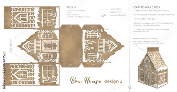 Fototapeta Christmas Gingerbread Village Paper House template. Vintage Printable file for print. Print and glue house scheme.