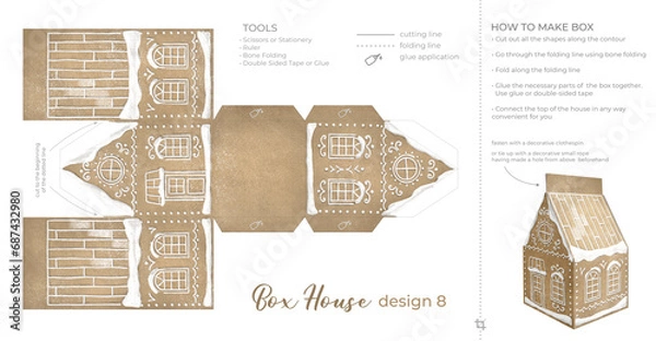 Obraz Christmas Gingerbread Village Paper House template. Vintage Printable file for print. Print and glue house scheme.