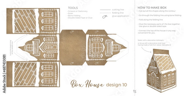 Fototapeta Christmas Gingerbread Village Paper House template. Vintage Printable file for print. Print and glue house scheme.
