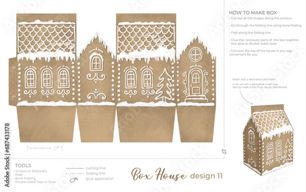 Obraz Christmas Gingerbread Village Paper House template. Vintage Printable file for print. Print and glue house scheme.