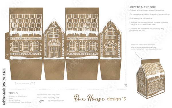 Obraz Christmas Gingerbread Village Paper House template. Vintage Printable file for print. Print and glue house scheme.