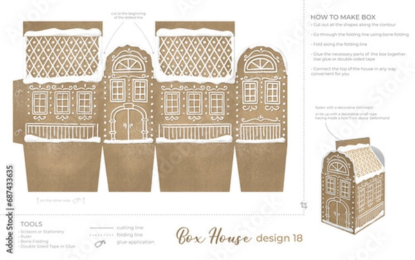 Obraz Christmas Gingerbread Village Paper House template. Vintage Printable file for print. Print and glue house scheme.
